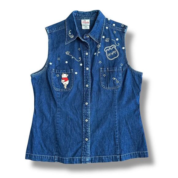 Rare Vintage Disney Store Winnie the Pooh Denim Vest Hunny Bees 90s Y2K L - Picture 1 of 9